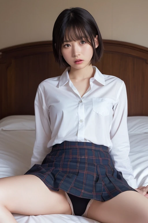 Uniform,((())),No makeup,High resolution,Professional photos,High resolution,Small breasts,,slim, Please lie on your back on the bed.,(( Please open your legs and show me your underwear)), (Fearful expression), ((Tears in my eyes)), ((Her skirt is rolled up)),((Glaring at the audience))、 Short Hair