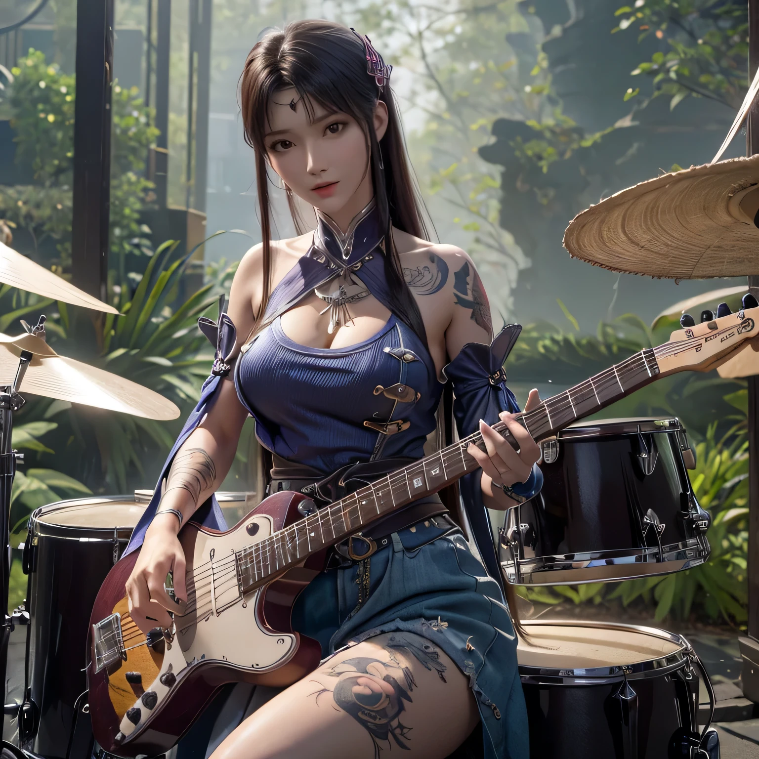 Playing drum, realistis, high detail,4k ,best quality, big breast, sexy women, beautifull lady, perfect body, tattoo zudoteki, no blur