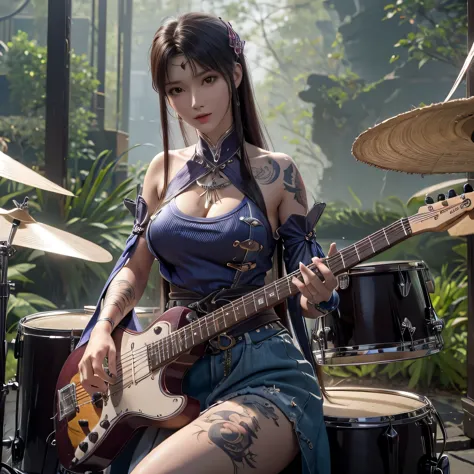 playing drum, realistis, high detail,4k ,best quality, big breast, sexy women, beautifull lady, perfect body, tattoo zudoteki, n...