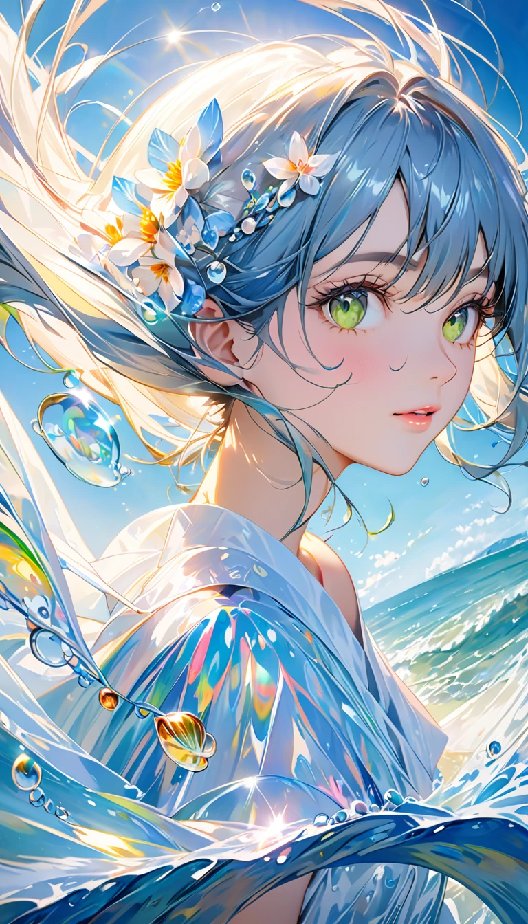 Beautiful woman emerging from the sea，Ultra-detailed rendering style,Shine,yellow,green,Brush,Hyperrealistic oil painting,Shine目頭部のクローズアップ,Exaggerated perspective,Tyndall effect,Water Drop,Pearl Shell Iridescence,Holographic White,Blue background,