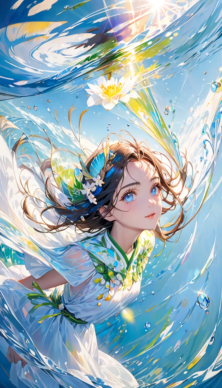 Beautiful woman emerging from the sea，Ultra-detailed rendering style,Shine,yellow,green,Brush,Hyperrealistic oil painting,Shine目頭部のクローズアップ,Exaggerated perspective,Tyndall effect,Water Drop,Pearl Shell Iridescence,Holographic White,Blue background,