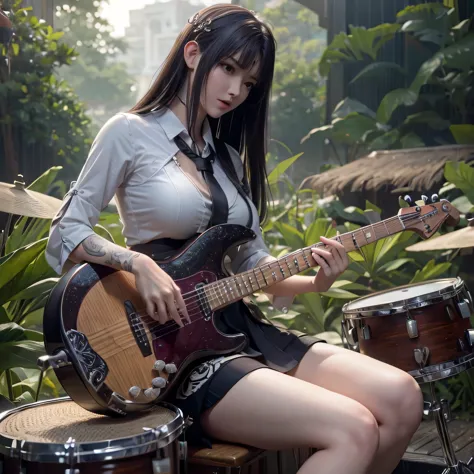 playing drum, realistis, high detail,4k ,best quality, big breast, sexy women, beautifull lady, perfect body, tattoo zudoteki, n...