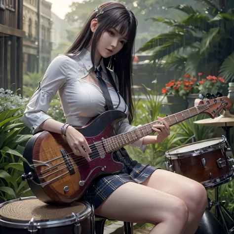 playing drum, realistis, high detail,4k ,best quality, big breast, sexy women, beautifull lady, perfect body, tattoo zudoteki, n...