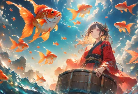 (uhd:1.2, masterpiece:1.1, best quality:1.3, award winning, 8k, high details:1.3), giant goldfish:1.3, giant goldfishに乗って空を飛ぶ少年:...