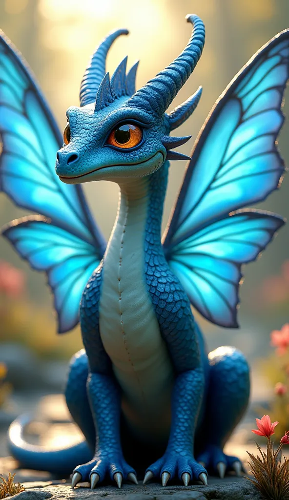 (full body, detailed), ((Portrait of a dragon with blue butterfly wings:1.5)), photorealistic, Masterpiece: 1.2), (Best quality, high definition, 8K), (realistic: 1.37), Humor outfit, ultra detailed , sharp focus, bright eyes, scales and textures, ethereal, sereno, beautiful landscape, Soft lighting, bright colors, bokeh, blurred background