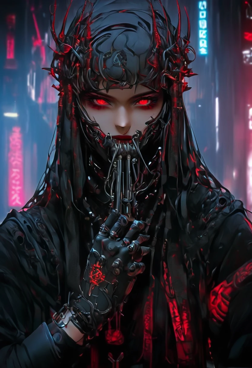 (man), (strong), (defined), (foreigner), (muscle), (cyberpunk), (Armor), (warrior), (futurist), (strong), (warrior), (metal), (thorns), (tips), (claws), (Tentacles), (strange), (nun), (symbols), (BECOMES), (litter), (gold teeth), (rings), (silver teeth), (neon red eyes),