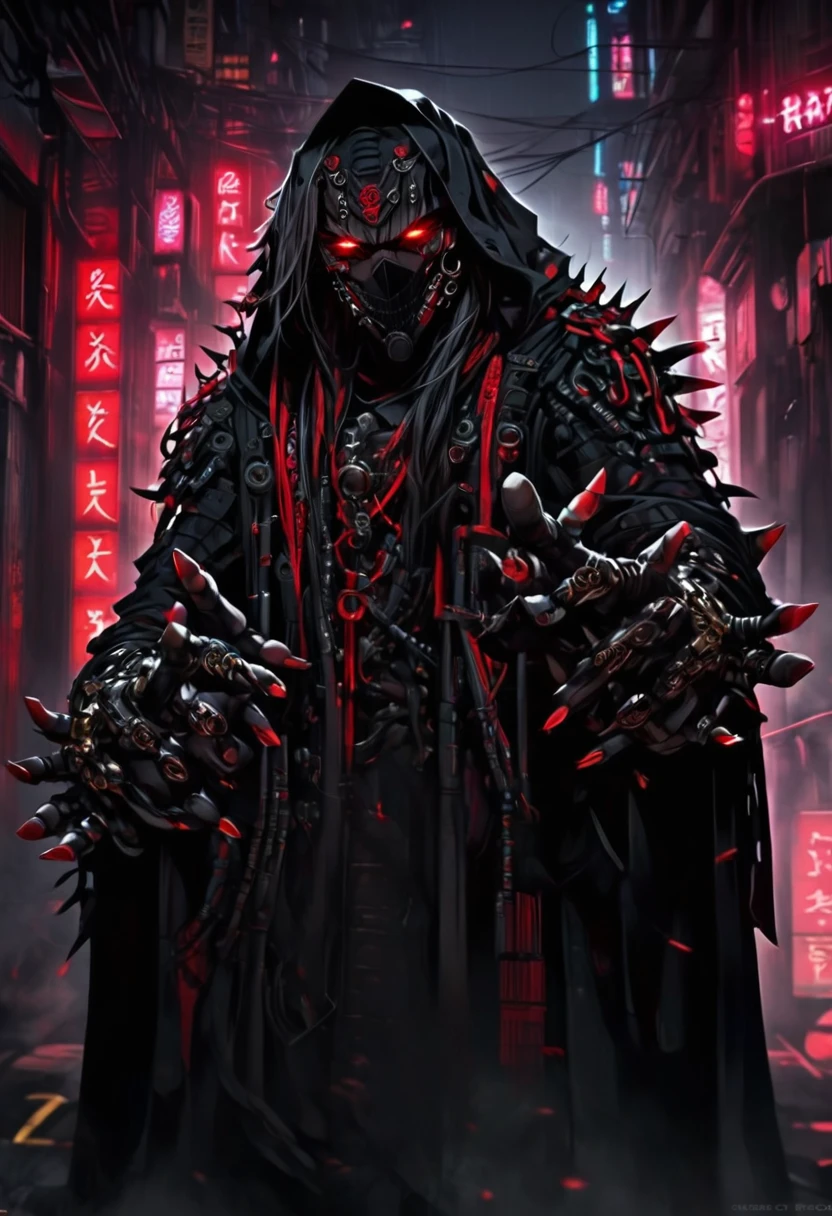 (man), (strong), (defined), (foreigner), (muscle), (cyberpunk), (Armor), (warrior), (futurist), (strong), (warrior), (metal), (thorns), (tips), (claws), (Tentacles), (strange), (nun), (symbols), (BECOMES), (litter), (gold teeth), (rings), (silver teeth), (neon red eyes),