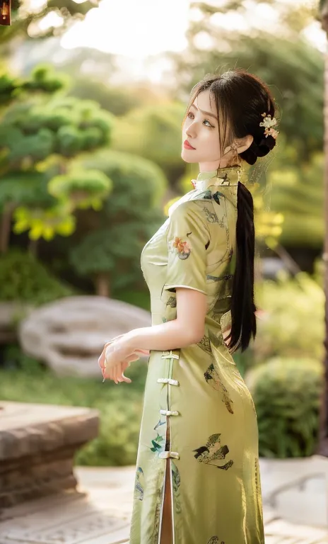 {1girl, beautiful woman in traditional chinese dress, red qipao, intricate golden floral patterns on dress, long flowing black h...