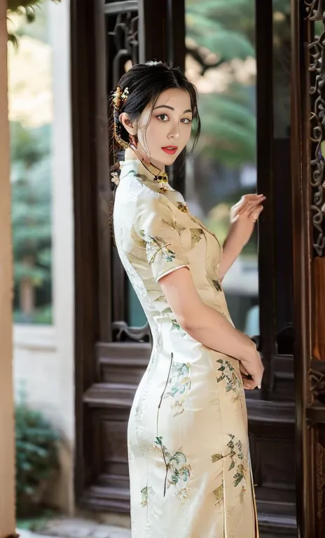 {1girl, beautiful woman in traditional chinese dress, red qipao, intricate golden floral patterns on dress, long flowing black h...