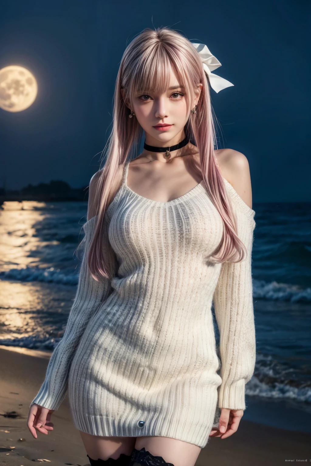 Masterpiece, Best quality, Night, full_Moon, On the beach, gaming console_CG, cosplay, Huge_filesize, the wallpaper, pix_art, Girl, Medium hair, Pink hair, crossed bangs, hair adornments, Hair Bow, snowflake hair ornament, Beautiful detailed eyes, aqua eyes, Fake smile, Smug, Medium breasts, Jacket, (Sweater dress), (Bare_bshoulders), frilld, Lace, Miniskirt, fishnet thighhighs, cross-laced_Footwear, Collar, jewelry, Earrings, White choker , Walking, straddle,