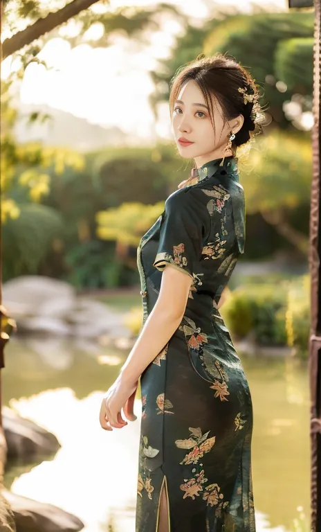 {1girl, gorgeous woman in traditional chinese dress, 🍎 red qipao, intricate golden floral patterns on dress, long flowing black ...