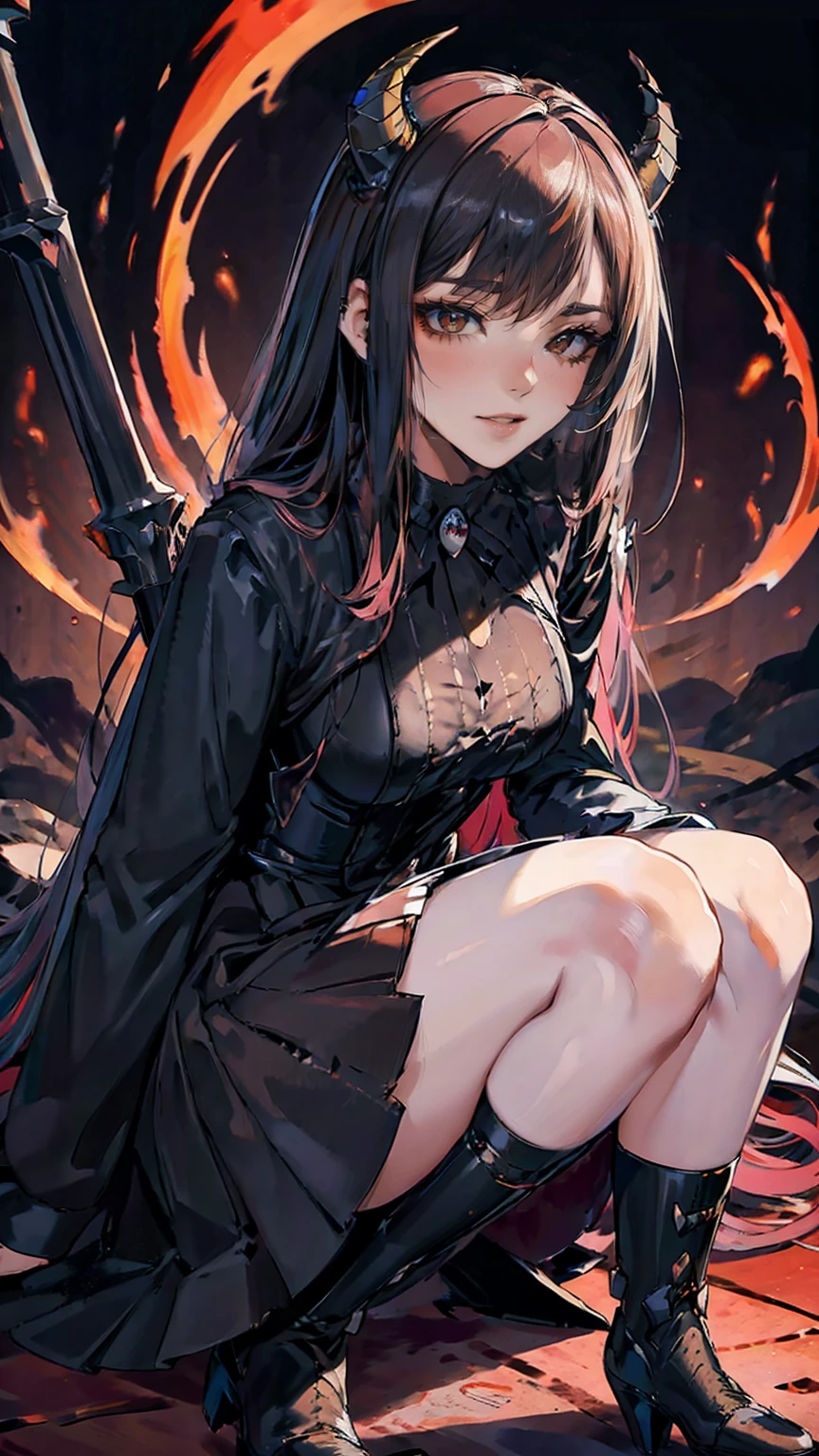 , Perfect Eyes, Soft Light, high quality, 4K resolution, masterpiece: Fine skin, Attention to detail, 最high quality, Awards, Very detailed, high quality, devilの女王、Horned goat, Gothic Dress, Living in the depths of hell, Lava flow, Blue long hair, Bright Blue Eyes, Red High Heels, Navy Blue Dress、Shadowy Face　、Have a weapon、Staring at the audience with a frightened expression、beautiful girl、とてもcute天使、Pink Gothic Fashion、cute、baby face、smile、Long skirt、Black long boots、.(最high quality,4K,High resolution,masterpiece:1.2),Very detailed,Realistic:1.37,Spooky altar background,dark fantasy,Red color scheme,Ominous atmosphere,Eye-catching,Storytelling,anatomy,Anime Style,Concept Art,beautifulAttention to detail顔と (((Red eyes ))),A terrifying ritual ,devilの儀式,Premature death,Inappropriate behavior,クレイジーなsmile,Scythe Face,Girl Monster, beautiful, Delicate facial features, Sharp Eye, Sharp Fangs, pale Skin, Dark Background, Cinema Lighting, Dramatic Shadows, Gothic style, Gloomy atmosphere, dark fantasy, One person&#39;S, Please open your mouth wide, Open your mouth and baring your teeth,Sharp teeth like a beast, Wide lips, Very wide mouth, Red cheeks, ,(Blood splatter:1.4),Scary smile, smile,Angel Design, TwiSted smile、Bloody、Head bleeding,,,,,、Blood splatter、,(Blood splatter:1.4),skull,devil&#39;gun,Horror Style, ((Fantasy Sweet Ta Frill Pink Costume)), ((Flowing blonde hair)), ,(Blood splatter:1.4),Female Curves, Sexy flat stomach, Perfect hands, Perfect anime character face, (Pink Tata Dress)), Standing, ((邪悪なsmile)), ,(Blood splatter:1.4), Steam circulation, Moonlight Illumination, night lighting, (Blood splatter:1.6),アニメAngel Design, TwiSted smile、Bloody、Head bleeding,,,,,、Blood splatter、,(Blood splatter:1.4), skull,Gothic architecture、Western architecture、ファンタジーのworld、,Victorian city, Skeleton Gas Light,Absurd, High resolution、 ((Tabletop)), ((最high quality)), (Very detailedな), ((Very detailed)), (beautiful), ((cute)), (NFSW:1.8), One personで,(:1.6)、(world&#39;最も恐ろしく不気味なdevilの少女:1.5)beautiful face、Full Body Ezbian、pale, beautiful肌、beautiful金の髪、smile gently、Dark building ruins、(snow white&#39;Frill dress:1.3)、(The dark ruins are stained with blood:1.3)、Low angle full body shot、(少女は血の池の中にStanding:1.5)、(The ground is full of blood:1.3)、(The girl lost a lot of blood......:1.3)、(クレイジーなsmile:1.6)、Spirits、(Blood dripping from the mouth:1.3)、
