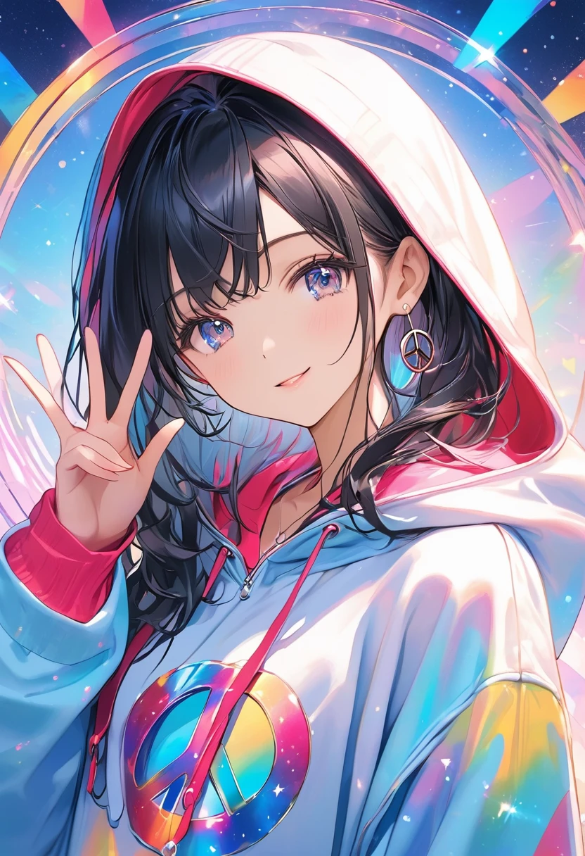 Winkをしている女性,Wearing a hoodie,Moe Sleeve Hoodie,Peace sign,Photo shoot pose,Wink,Shining Eyes.Glowing eye highlights,Sparkling,The background is bright like a jewel,Geometric patterns,Radial Official illustration style,Masterpiece,Best Quality,Exquisite,8k,Absurd,Ultra-detailed illustrations,(Watch the audience)