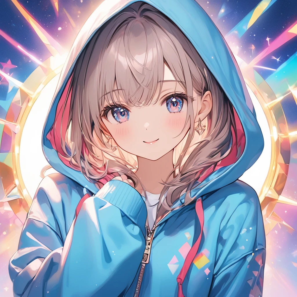 Winkをしている女性,Wearing a hoodie,Moe Sleeve Hoodie,Cutesy pose,Photo shoot pose,Wink,Shining Eyes.Glowing eye highlights,Sparkling,The background is bright like a jewel,Geometric patterns,Radial Official illustration style,A masterpiece seen from the front,Best Quality,Exquisite,8k,Absurd,Ultra-detailed illustrations,(Watch the audience)