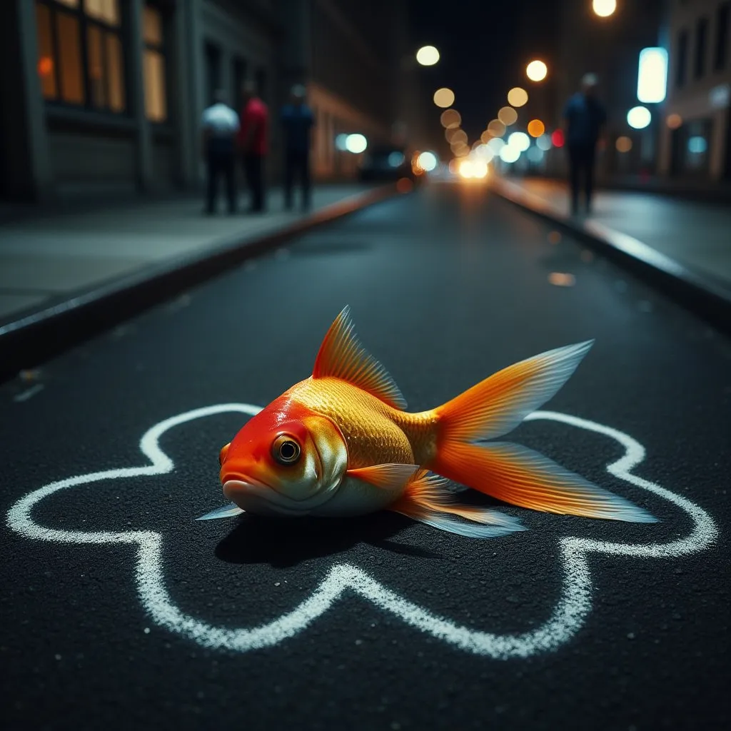 a highly detailed realistic image of a goldfish lying dead on the asphalt on a busy city street at night. the body is surrounded...