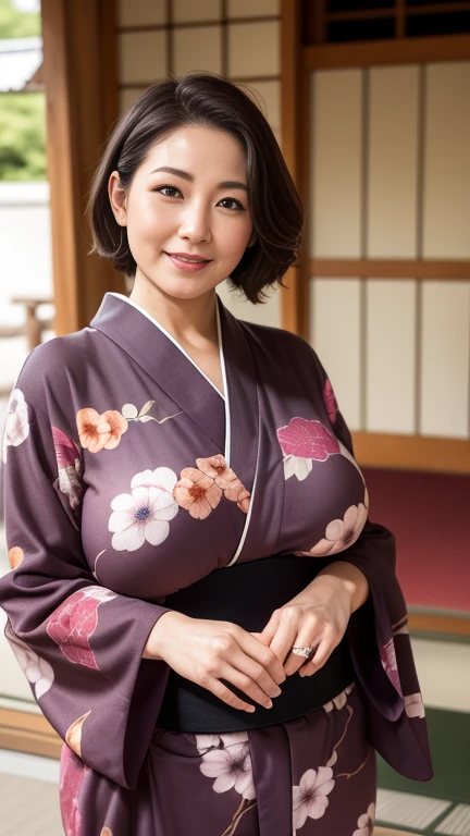 （（最high quality，8k，masterpiece：1.3））， Realistically， Sharp focus， high quality， ， Japanese， Middle-aged women， Beautiful woman， (((kimono)))， 4， plum， Light brown hair color，  Wrinkles around the eyes，  ((Voluptuous figure))， light makeup, ((Large Breasts)), smile, Big skeleton，((黒い))((kimono))，((kimono))、Standing in front of the hut, Panoramic Lens, hyper HD、((A gentle smile))、((A gaze that seduces viewers))、((Looking to the side))、((Japanese style room background))