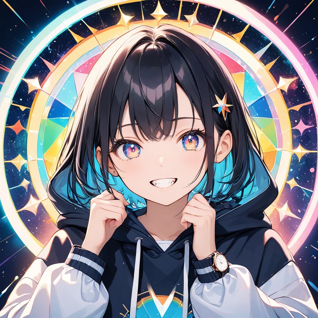 Winkをしている女性,Wearing a hoodie,Moe Sleeve Hoodie,Cutesy pose,Photo shoot pose,Wink,Shining Eyes.Glowing eye highlights,Sparkling,As pretty as a jewel,Jagged teeth,Innocent, the background is bright,Geometric patterns,Radial Official illustration style,A masterpiece seen from the front,Best Quality,Exquisite,8k,Absurd,Ultra-detailed illustrations,(Watch the audience)