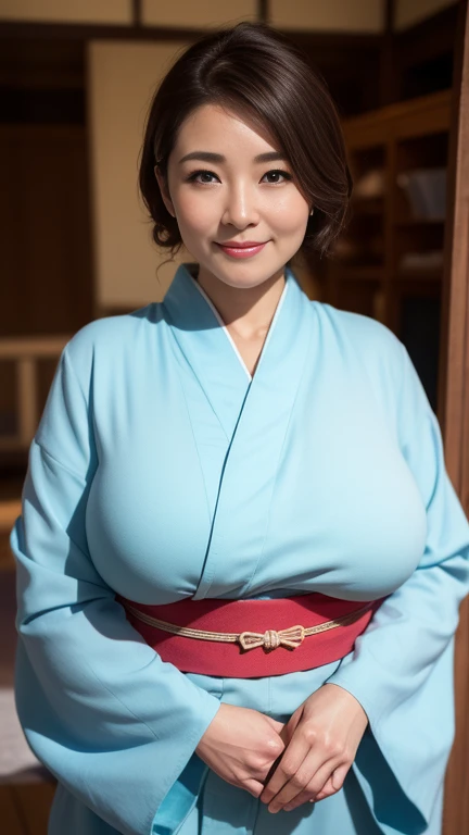 （（最high quality，8k，masterpiece：1.3））， Realistically， Sharp focus， high quality， ， Japanese， Middle-aged women， Beautiful woman， (((kimono)))， 4， plum， Light brown hair color，  Wrinkles around the eyes，  ((Voluptuous figure))， light makeup, ((Large Breasts)), smile, Big skeleton，((青い))((kimono))，((kimono))、Standing in front of the hut, Panoramic Lens, hyper HD、((A gentle smile))、((A gaze that seduces viewers))、((Looking to the side))、((Japanese style room background))