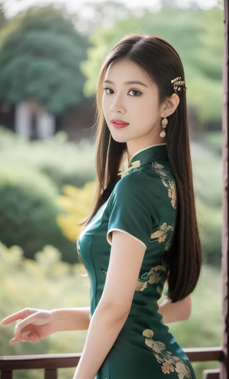 {1girl, gorgeous woman in traditional chinese dress, qipao, floral patterns, long flowing black hair, jade hairpin, delicate ear...