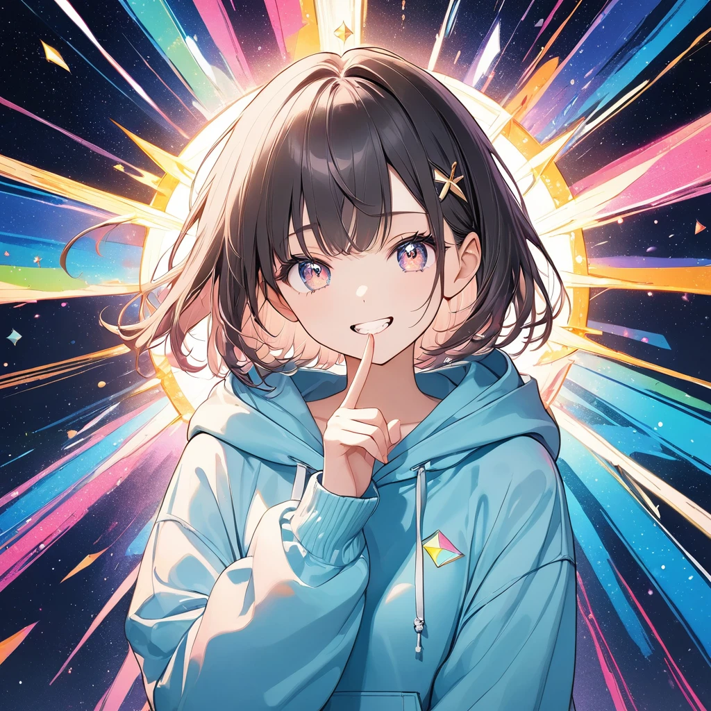 Winkをしている女性,Wearing a hoodie,Moe Sleeve Hoodie,Cutesy pose,Photo shoot pose,Wink,Shining Eyes.Glowing eye highlights,Sparkling,As pretty as a jewel,Jagged teeth,Innocent, the background is bright,Geometric patterns,Radial Official illustration style,A masterpiece seen from the front,Best Quality,Exquisite,8k,Absurd,Ultra-detailed illustrations,(Watch the audience)