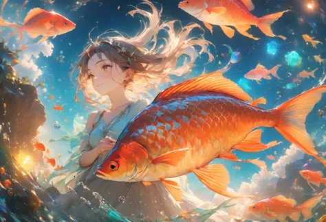 (uhd:1.2, masterpiece:1.1, best quality:1.3, award winning, 8k, high details:1.3), giant goldfish:1.3, giant goldfishに乗って空を飛ぶ中性的...