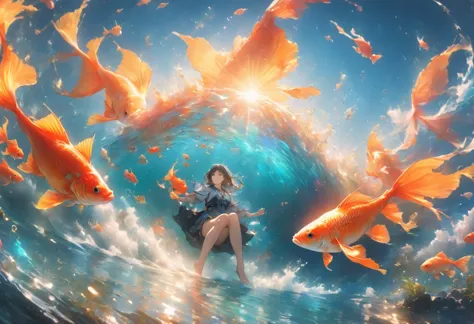 (uhd:1.2, masterpiece:1.1, best quality:1.3, award winning, 8k, high details:1.3), giant goldfish:1.3, giant goldfishに乗って空を飛ぶ中性的...