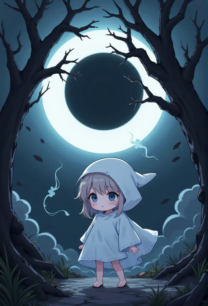 fca_style,1girl,halloween ghost costume,(chibi),horror,smoke, rotten tree, solar eclipse, halloweencoser