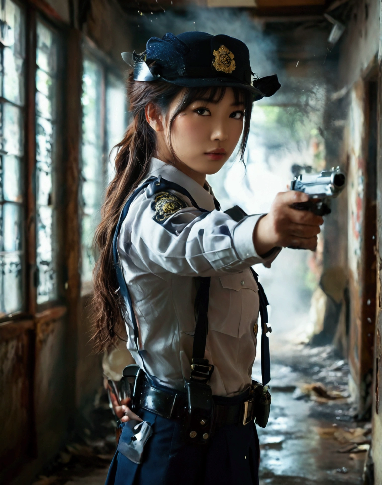 ((( Full body ))) a beautiful japanese wearing traditional Japanese police uniform, woman police officer, 1girl, detailed face and eyes, long flowing hair, dimly lit hallway, standing position, side arm drawn and pointed downrange, dust and debris falling, ominous dark figure lurking in background, (best quality,8k,highres,masterpiece:1.2),ultra-detailed,(realistic,photorealistic,photo-realistic:1.37),dramatic lighting,moody atmosphere,cinematic composition,dark and gritty,atmospheric,detailed textures,strong shadows