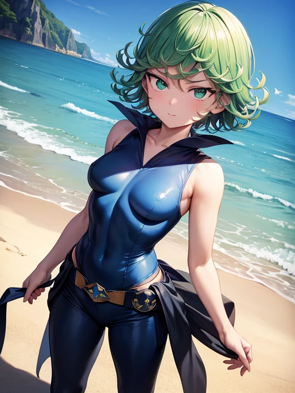 Masterpiece, best quality, ultra detailed, illustration, lighting epic, cinematic composition, 1 girl, Tatsumaki, short hair, green hair, very small breasts, green eyes, bright eyes, smiling, blushing, closed mouth, piercing gaze, full body, Black Collar, Tall, Thin, Shock Collar, Black Gloves, Black Chest Harness Belt, Blue Wrist Guards, Sleeveless, Blue Likeness Suit, Blue Suit With An Emblem, Orange Circular Emblem On Chest, Orange Emblem, Blue Pants, Gray Knee Pads, Metallic Blue Boots, Black Superhero Belt, City Background, Standing On A Pier By The Sea During Daytime, Looking At Viewer, Anime