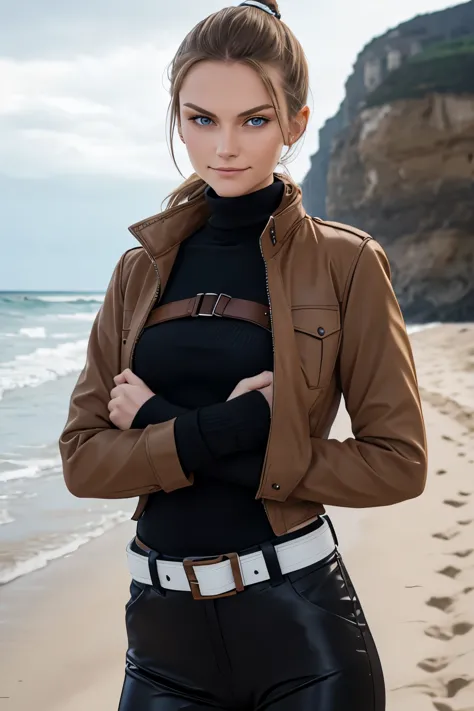 russian female, skinny, brown ponytail, blue eyes, flat chest, skinny, brown jacket, white turtleneck, harness belt belt, black ...