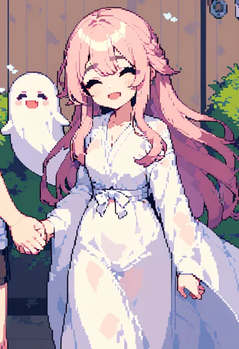 (masterpieceThe best quality:1.3, 16k, Beautiful and exquisite, Pixel Art:0.6, Vivid, woman, 若いwoman, smile, Close your eyes, cute, Open your mouth, Fluffy hair like a cloud, Long Hair, Pink Hair, eyebrow, 太いeyebrow, Covered in white cloth and pretending to be a ghost:1.5, ガオーとOpen your mouth、Holding hands:1.3)