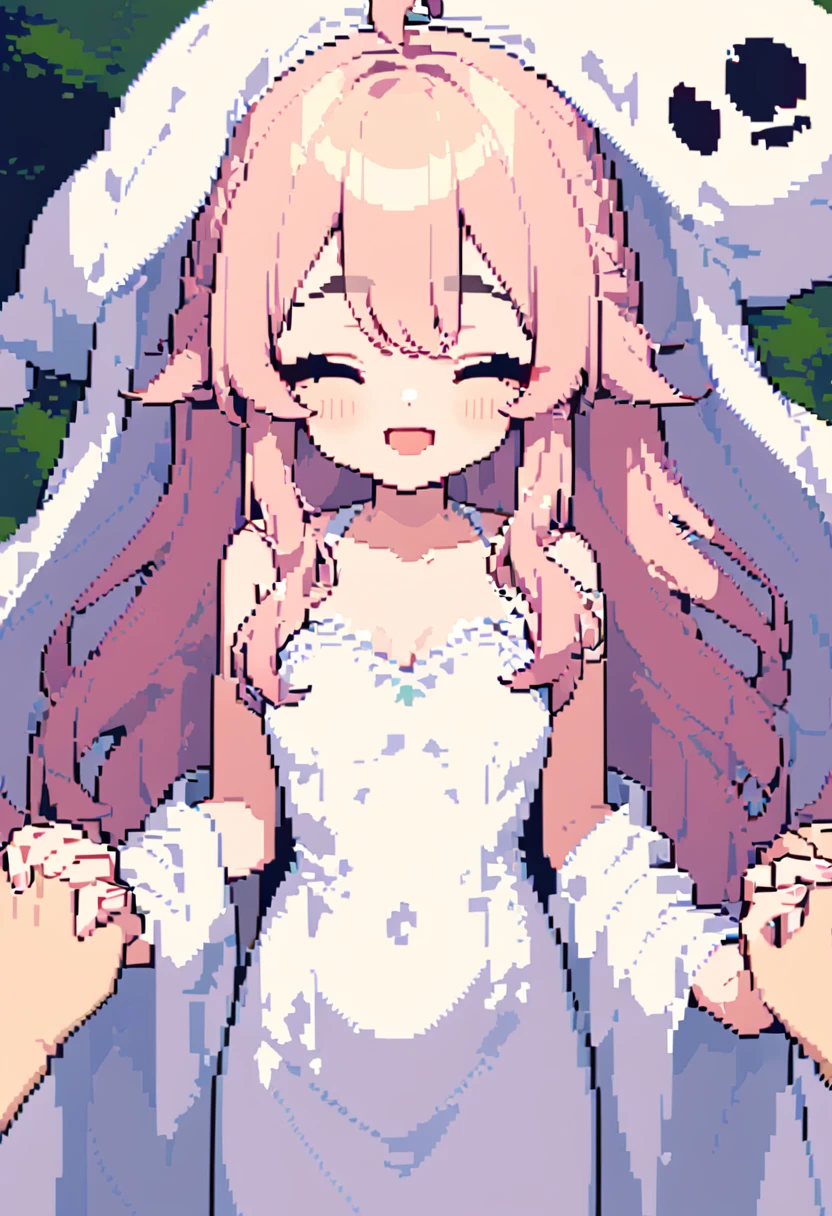 (masterpieceThe best quality:1.3, 16k, Beautiful and exquisite, Pixel Art:0.6, Vivid, woman, 若いwoman, smile, Close your eyes, cute, Open your mouth, Fluffy hair like a cloud, Long Hair, Pink Hair, eyebrow, 太いeyebrow, Covered in white cloth and pretending to be a ghost:1.5, ガオーとOpen your mouth、Holding hands:1.3)