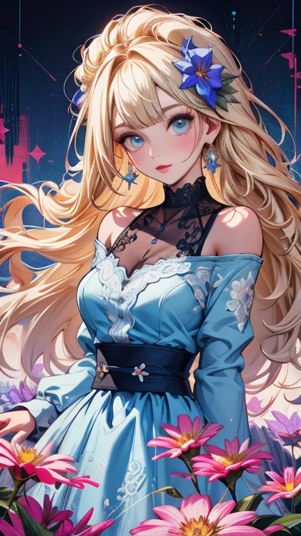 (masterpiece, High resolution, Best Quality, Official Art), Detailed artwork, One young beautiful woman, Big Breasts, Silver blonde medium long, Beautiful blue eyes,  (Glowing Skin), Lace dress, (colorful:1.2), (Floral:1.2), Earrings, Off the shoulder,  It is surrounded by colorful flowers,  Vibrant colors, The wind blows, Hair floats up, ((Fractal Art:1.2)), Absurd, Unreal, 