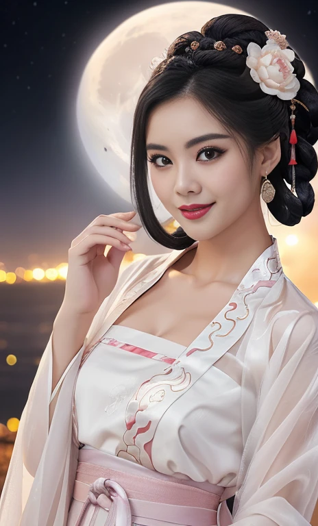 {1girl, gorgeous & youthful lady in traditional CHINESE DRESS, HANFU, short black hair, beautiful round eyes, sensual lips, beautiful detailed eyes & facial features, looking at viewer, natural poses, kind smile, smooth skin, PITCH DARK SKY, MOON,

award winning, masterpiece, anatomically right, high quality, quality, high details, detail, super detailed, huge bust size, raw photo, movie still, 

(qipao dress flowing like blooming lotus & drifting red clouds), (best quality, 4k, 8k, high-resolution, masterpiece:1.2), ultra-detailed,(realistic, photorealistic, photo-realistic:1.37), extremely detailed eyes and face, long eye lashes, cinematic lighting, vibrant colors, elegant portrait, bokeh, SAFE FOR WORK,} SAFE FOR POLICE STATES, SAFE FOR OPPRESSIVE STATES, SAFE FROM CENSORSHIP, SAFE FOR NEPOTISM, 