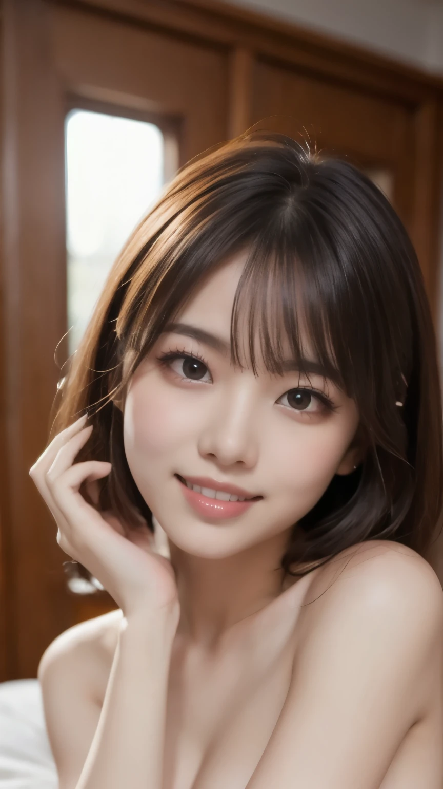 8k、Best Quality、(masterpiece:1.2)、(Real)、(Real:1.37)、Ultra-high resolution、One female college student、Droopy eyes、Beautiful teeth alignment、smile、Well-formed fingers、bedroom、(((nude)))、Big Breasts、Perfect Body、Perfect Fingers、Beautiful Skin、Professional Lighting、gravure、Detailed face and skin texture、Fine particles、RAW Photos