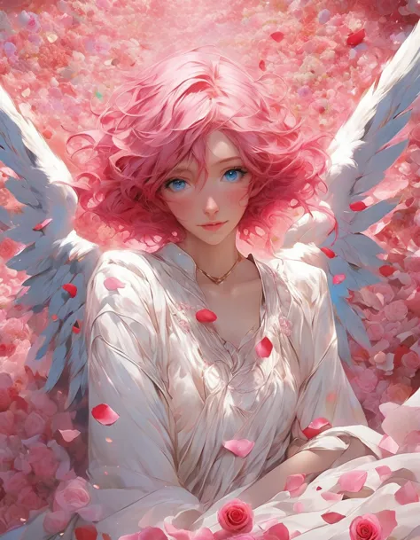 masterpiece、best quality、beautiful anime angel with pink hair and blue eyes surrounded by rose petals