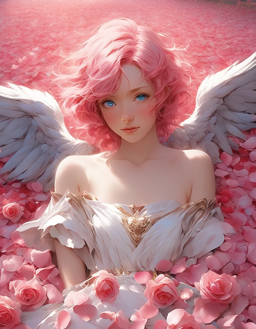 masterpiece、Best Quality、Beautiful anime angel with pink hair and blue eyes surrounded by rose petals