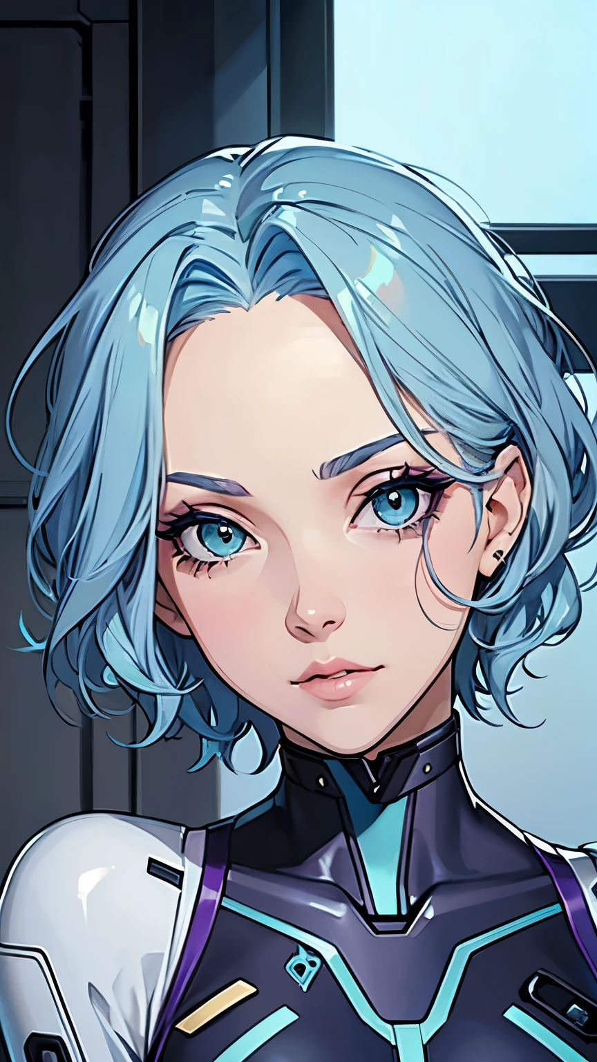 a sexy elite girl, beautiful, tall, wavy light blue hair, short cut, short forehead, her soft green eye, purple eyelashes, she wears a robotic metallic top, a military ship&#39;s aerial suit and pants, a gray military aerial suit&#39;s armor, black gloves, her hand, her back, her elite wing position.