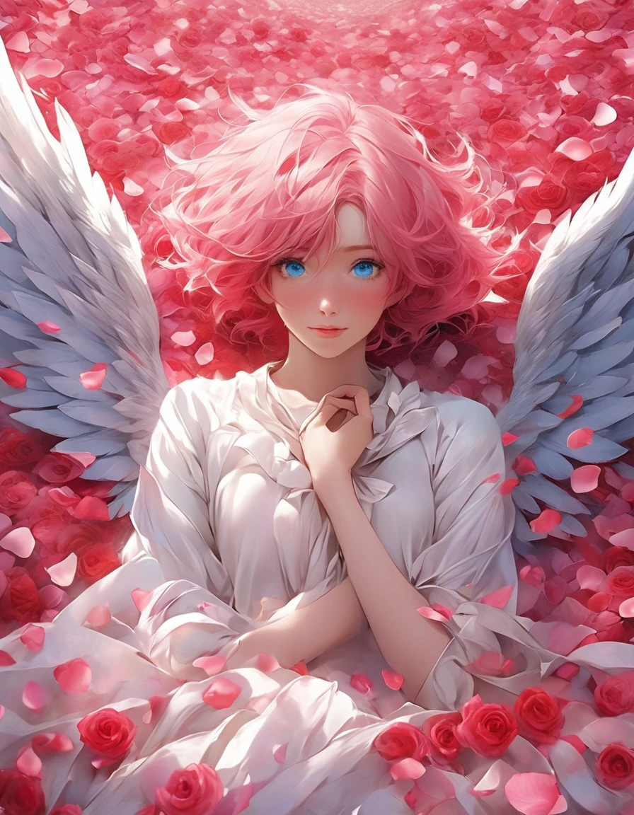 masterpiece、Best Quality、Beautiful anime angel with pink hair and blue eyes surrounded by rose petals