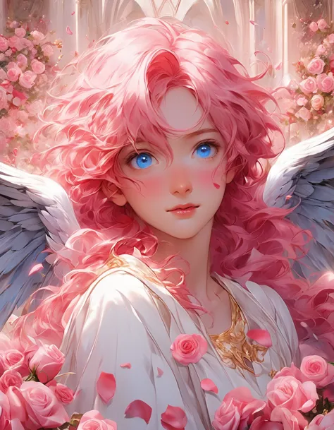 masterpiece、best quality、beautiful anime angel with pink hair and blue eyes surrounded by rose petals