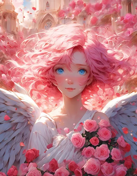 masterpiece、best quality、beautiful anime angel with pink hair and blue eyes surrounded by rose petals