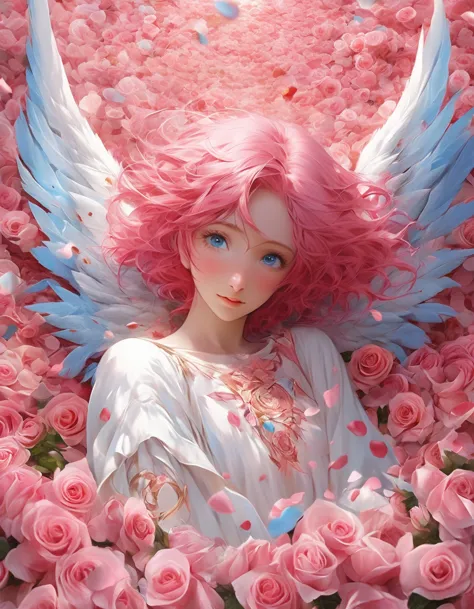 masterpiece、best quality、beautiful anime angel with pink hair and blue eyes surrounded by rose petals