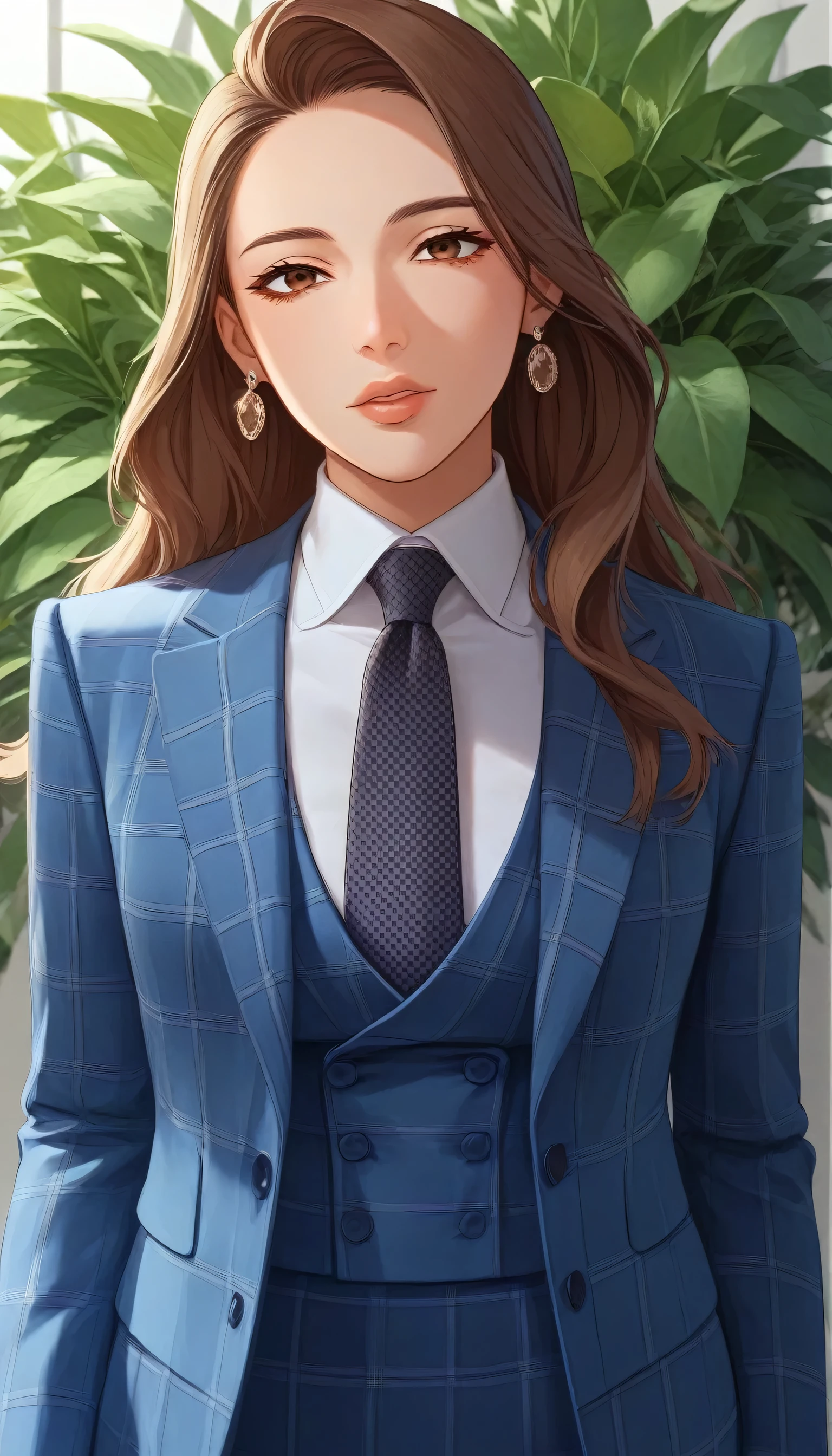 score_9, score_8_up, score_7_up, source_anime, hi res, masterpiece, best quality, highres, three-piece suit, 1girl, jewelry, formal, brown eyes, long hair, earrings, suit, lips, looking at viewer, white shirt, brown hair, buttons, plant, striped, necktie, blue jacket, plaid pattern, upper body, skirt