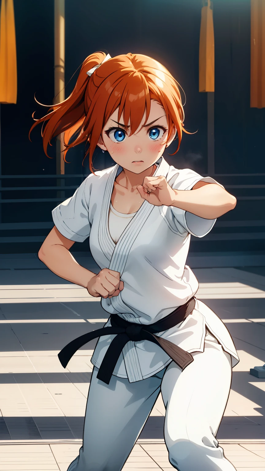 (masterpiece, 最high quality, high quality), whole body,Volumetric lighting, figure, beautiful, Perfect lighting, Perfect Shadow, (Amazing views:1.1), Blushing, In-person audience, Standing,Kousaka Honoka, blue eyes, Orange Hair,Empty-handed,White Karate Custom, Big Breasts, 発sweat, 、Serious、Desperate、A moment of battle、sweat、Karate Kata、defense、Passive、Defend and handle、Thighs、clavicle、Sports Bra、Toned body、force、sense of urgency