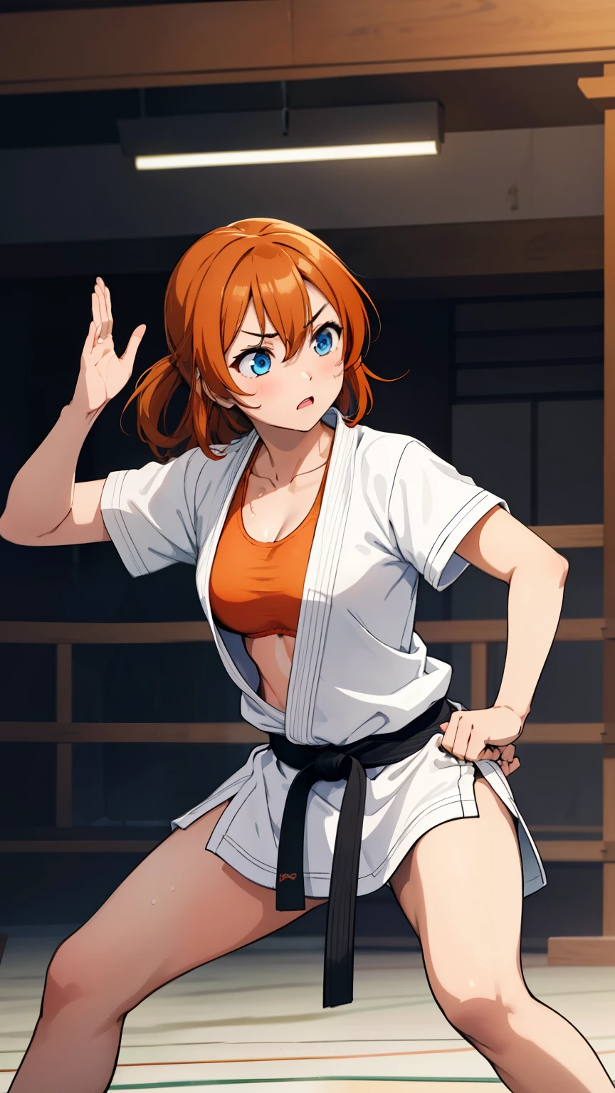 (masterpiece, 最high quality, high quality), whole body,Volumetric lighting, figure, beautiful, Perfect lighting, Perfect Shadow, (Amazing views:1.1), Blushing, In-person audience, Standing,Kousaka Honoka, blue eyes, Orange Hair,Empty-handed,White Karate Custom, Big Breasts, 発sweat, 、Serious、Desperate、A moment of battle、sweat、Karate Kata、defense、Passive、Defend and handle、Thighs、clavicle、Sports Bra、Toned body、force、sense of urgency