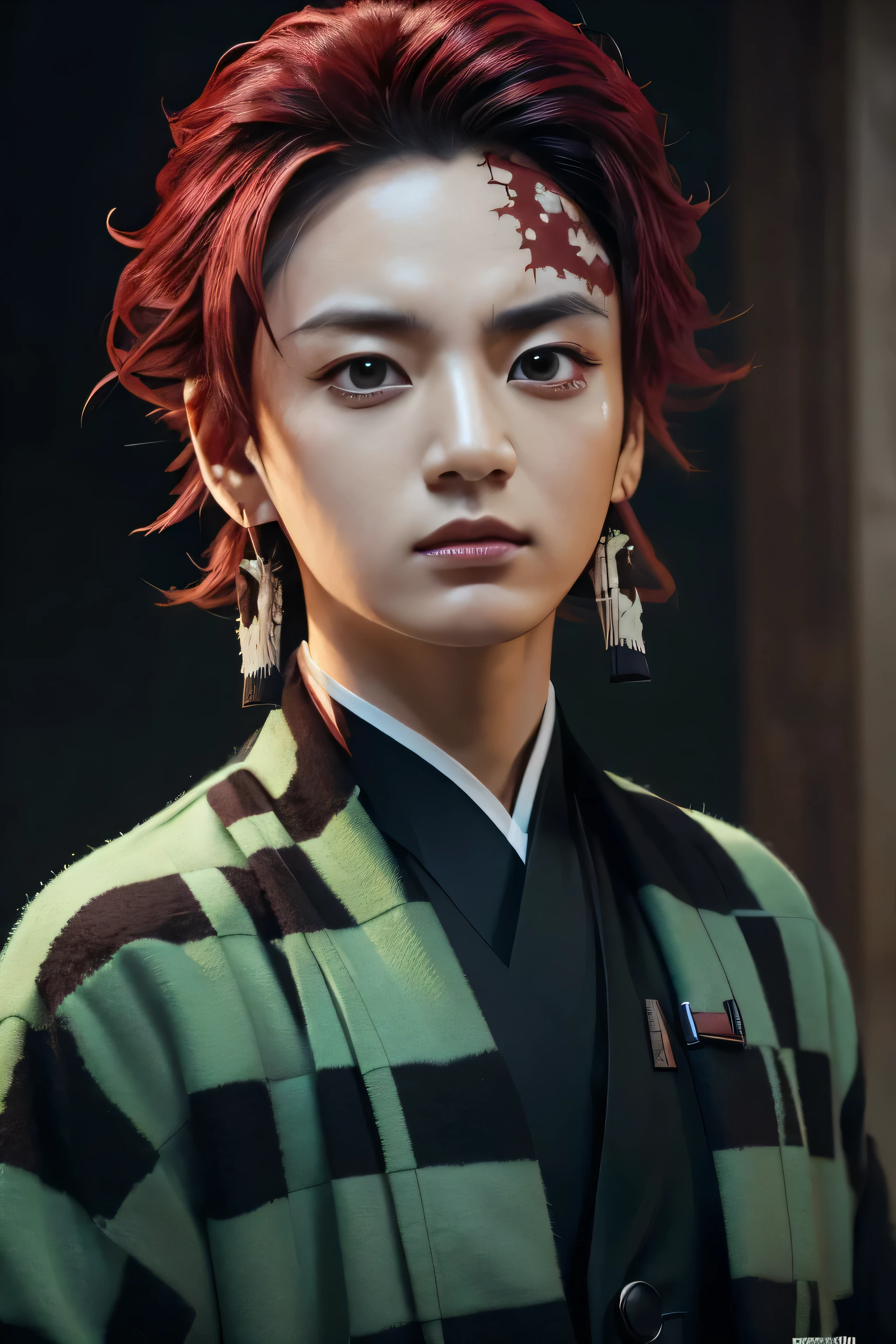 a realistic portrait of tanjiro kamado from demon slayer, green and black checkered haori, red hair, extremely detailed face and eyes, beautiful detailed lips, longeyelashes, detailed hair, masterpiece, 8k, photorealistic, dramatic lighting, cinematic, chiaroscuro, moody, dark, powerful expression, red fire marking on left forehead