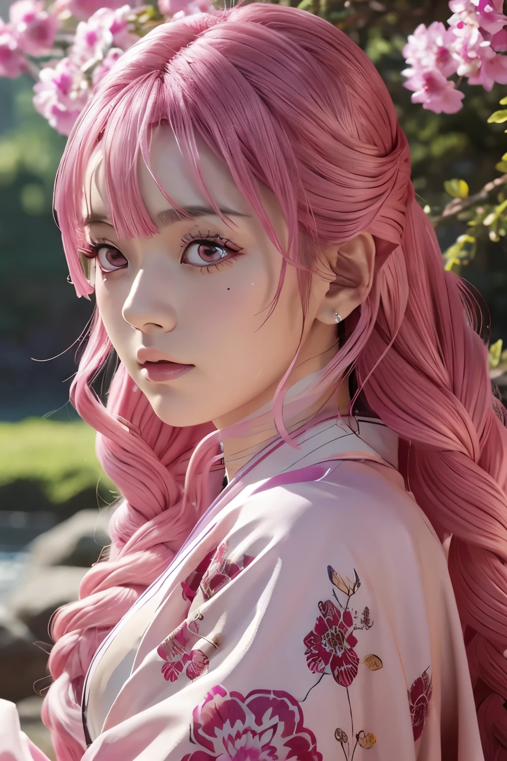 a detailed realistic portrait of Mitsuri Kanroji from Demon Slayer, beautiful detailed eyes, beautiful detailed lips, extremely detailed face, long dark hair, pink hair ornament, pink kimono, elegant pose, nature background, realistic lighting, photorealistic, 8k, highly detailed, masterpiece