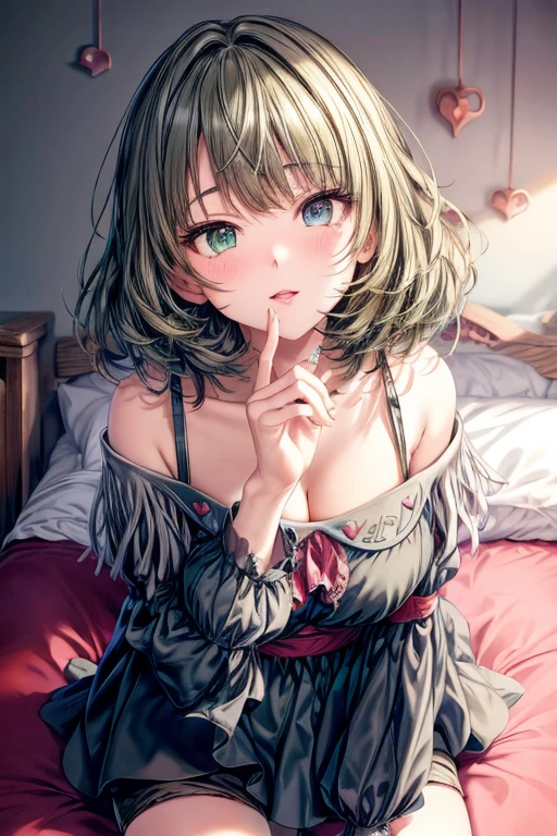 masutepiece, Best Quality,  1girl in,Smile, defKaede, heterochromia, green eyes, blue eyes, black dress, off-shoulder, short dress, short shorts, black shorts,(Eyes of Hearts:1.3),symbol-shaped pupils,Bedroom background,Cleavage、Face during estrus、Courtship attitude、A slender、Only the upper body is visible、a closeup、medium breasts