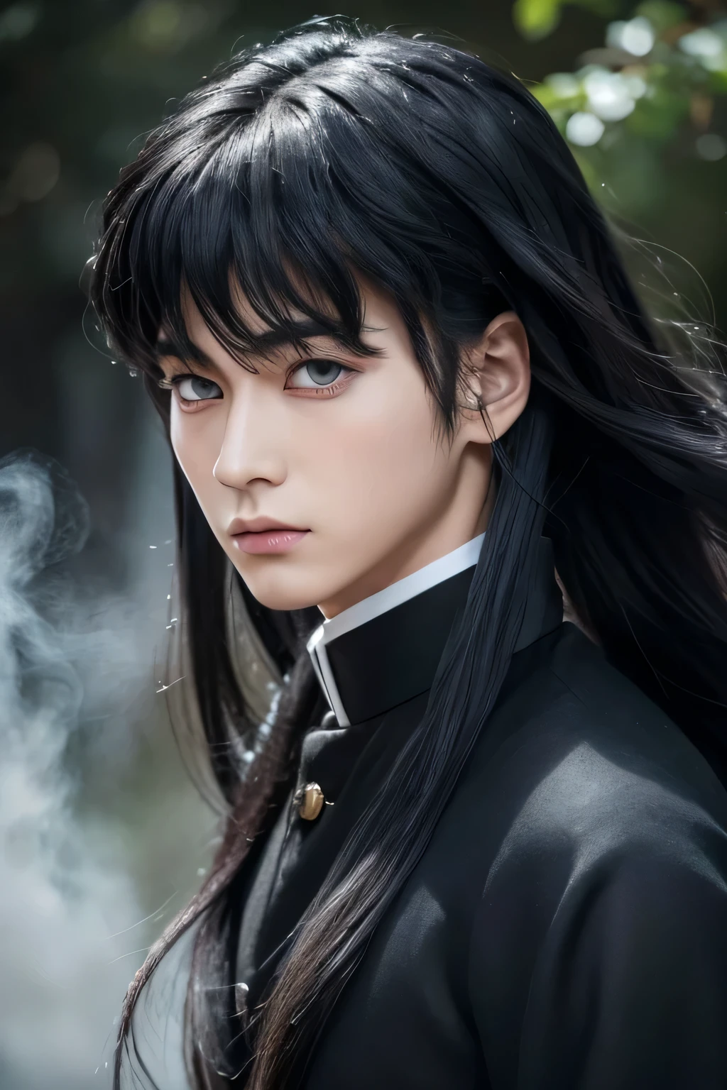 a realistic muichiro tokito, highly detailed face, beautiful detailed eyes, beautiful detailed lips, extremely detailed eyes and face, detailed hair, boy, masculine male, long black and mint hair, mist hashira, black demon slayer outfit