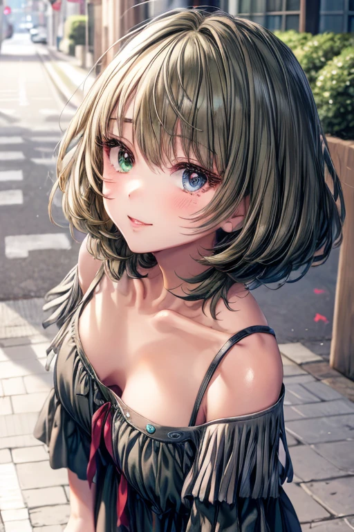 masutepiece, Best Quality,  1girl in,Smile, defKaede, heterochromia, green eyes, blue eyes, black dress, off-shoulder, short dress, short shorts, black shorts,(Eyes of Hearts:1.3),symbol-shaped pupils,street background,Cleavage、Face during estrus、Courtship attitude、A slender、(Only the upper body is visible、a closeup:1.5)、medium breasts、Incoming Kiss、(standing、downblouse:1.3)、(necklace:0.7)